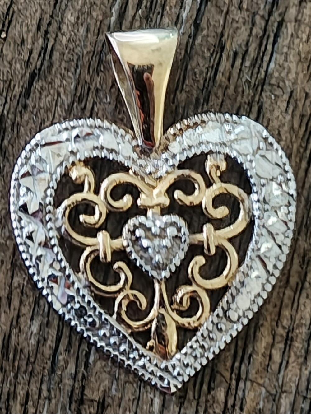 Two-Tone Gold and Silver Heart Filigree Pendant Necklace 10k